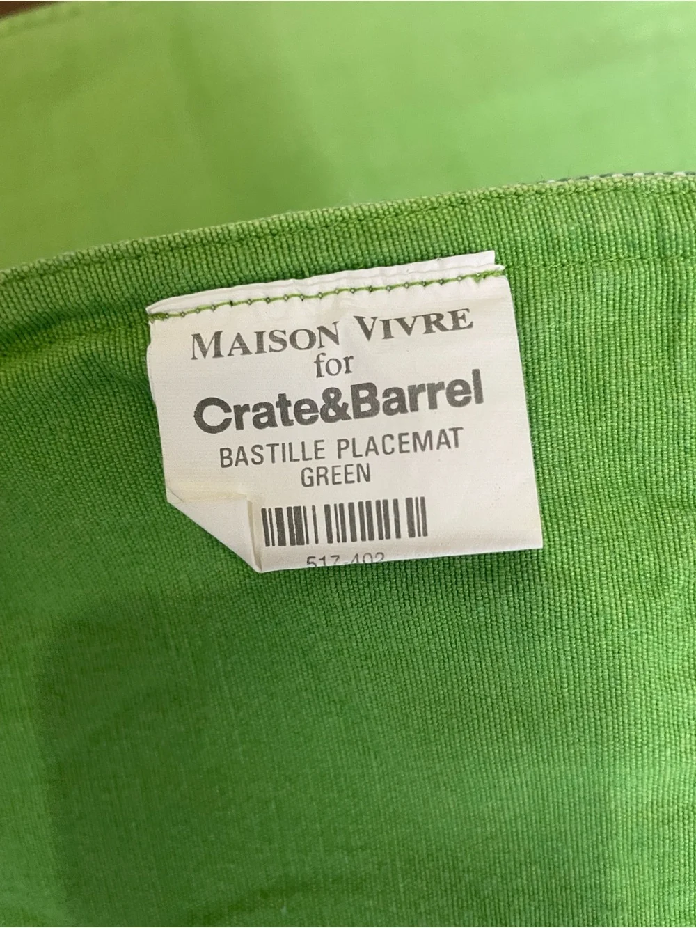 Crate&Barrel Mason Vivre 8 piece Green Cotton Placemat & Napkin Set for 4.